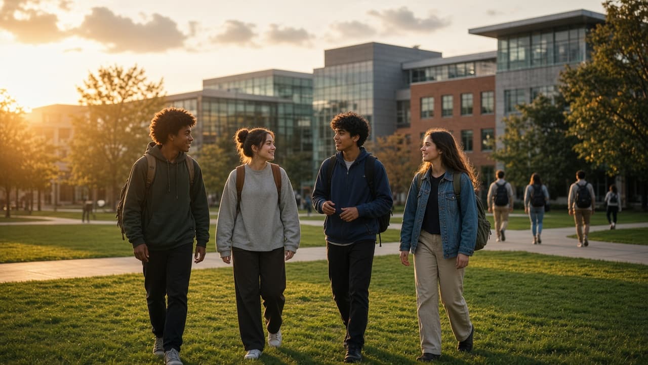 Ready to modernize your school operations Students walking together across a school campus at sunset